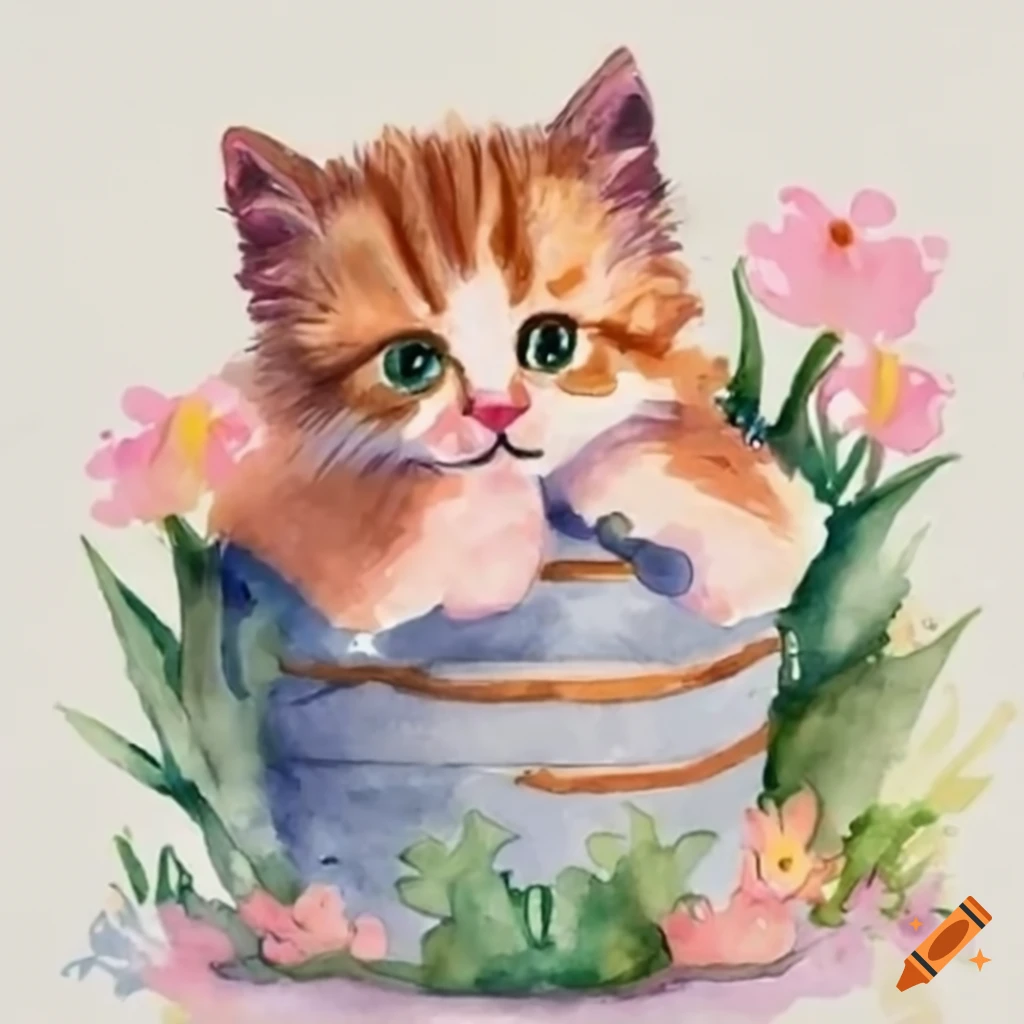 watercolor painting of a happy kitten holding flowers