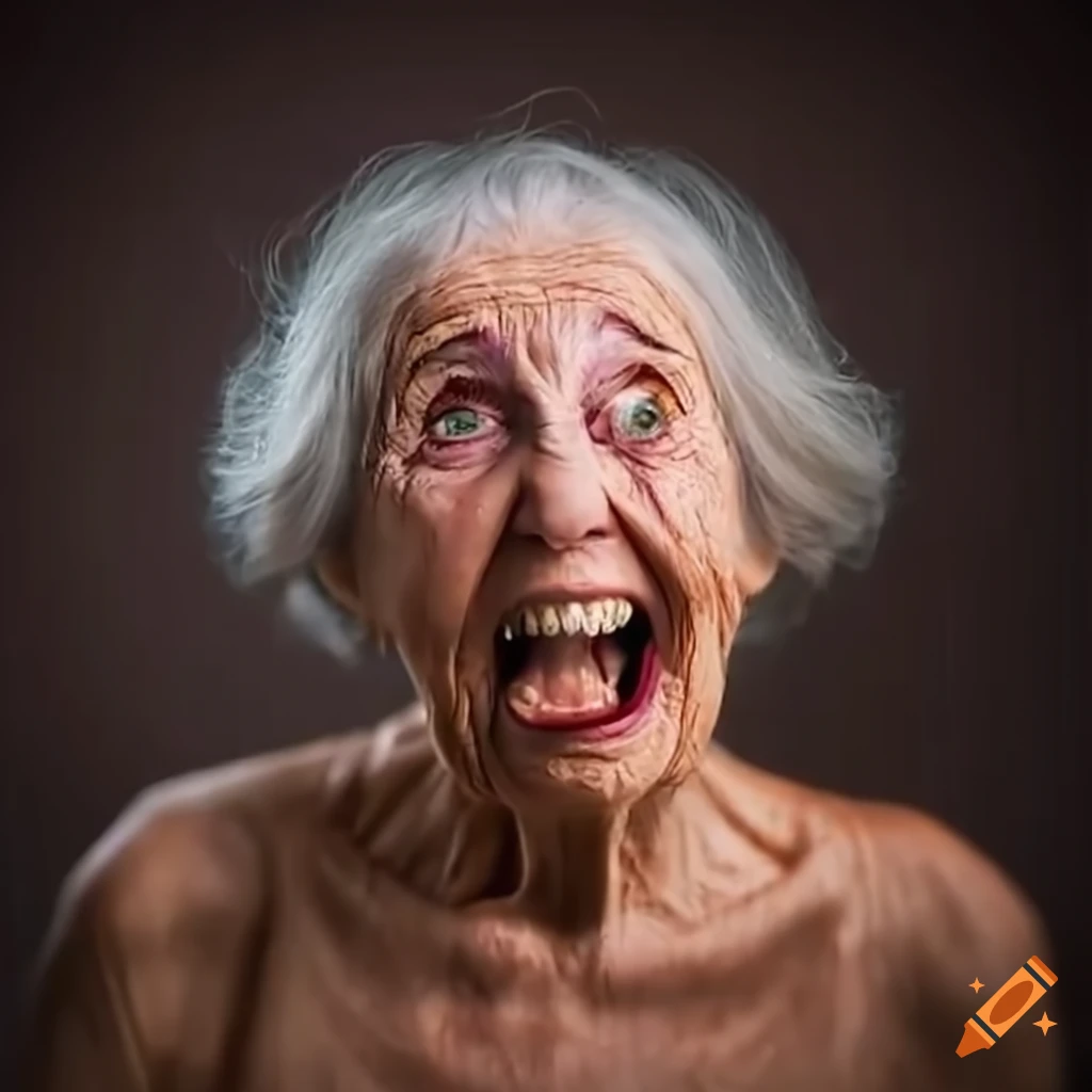 Humorous portrait of an elderly woman making funny faces on Craiyon