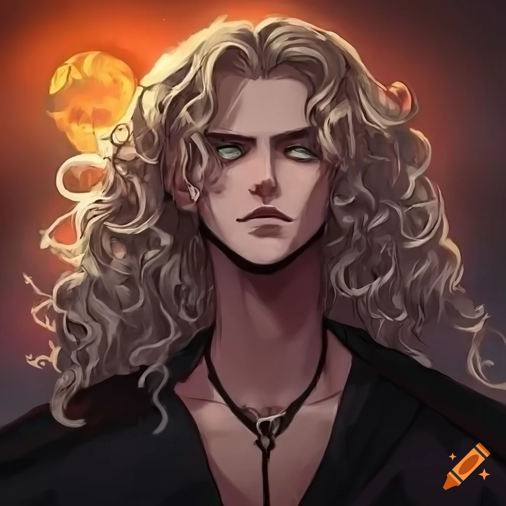 portrait of a blonde male necromancer at sunset