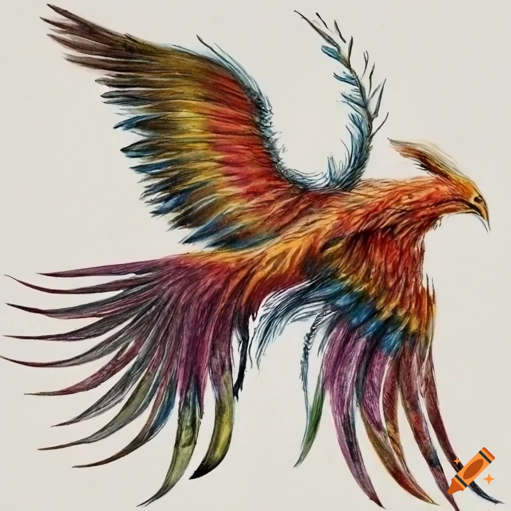 Colored pencil drawing of a majestic phoenix on Craiyon