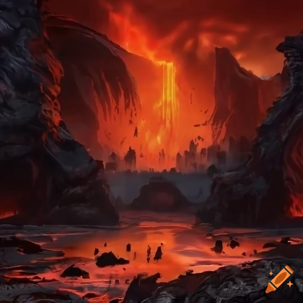 Concept art of a lava lake surrounded by a stone building