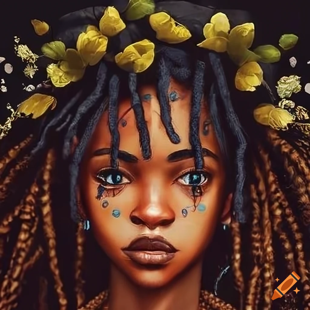 Portrait of a black woman with dreadlocks and flower crown on Craiyon