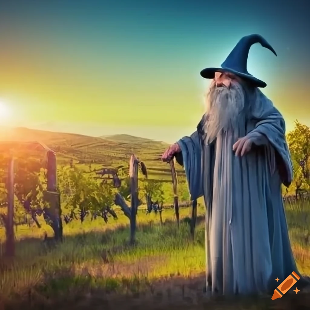 Gandalf standing in a vineyard at sunset on Craiyon