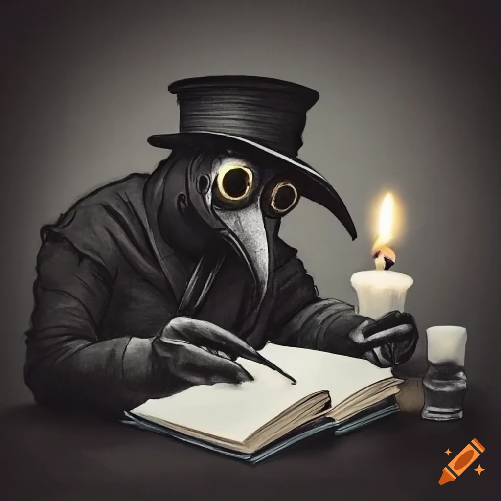 illustration of a plague doctor holding a candle lamp and a book