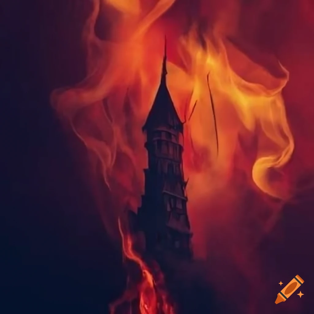 tarot card inspired artwork of a crumbling fiery tower