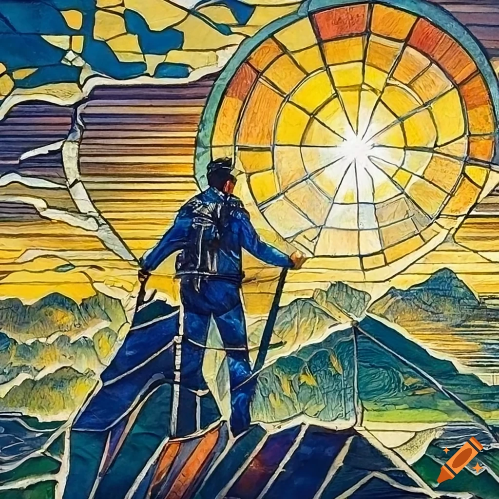 stained glass illustration of a man on a mountain at golden hour