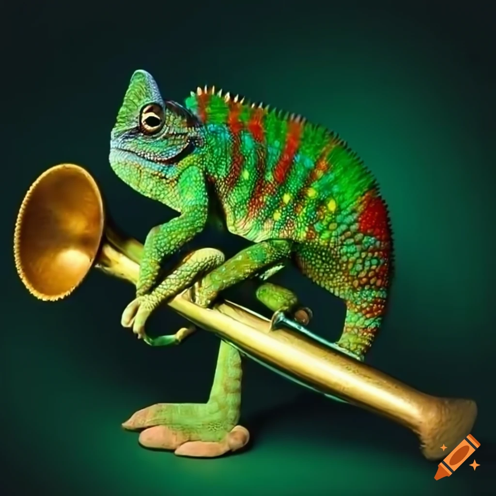colorful chameleon playing a trumpet in a parade