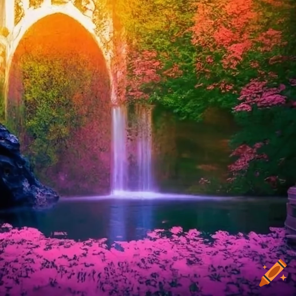 Monet-style garden with a stone fountain and pink hues