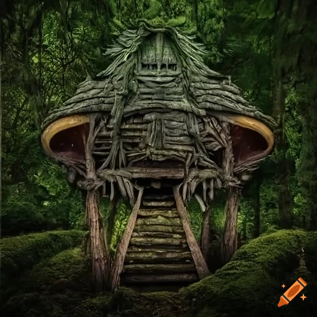 spooky mushroom-shaped treehouse with ghosts