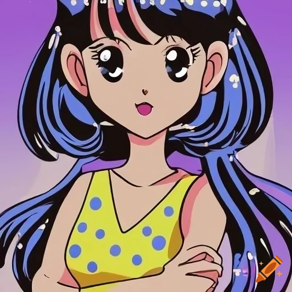 black-haired anime girl in white dress with polka dots