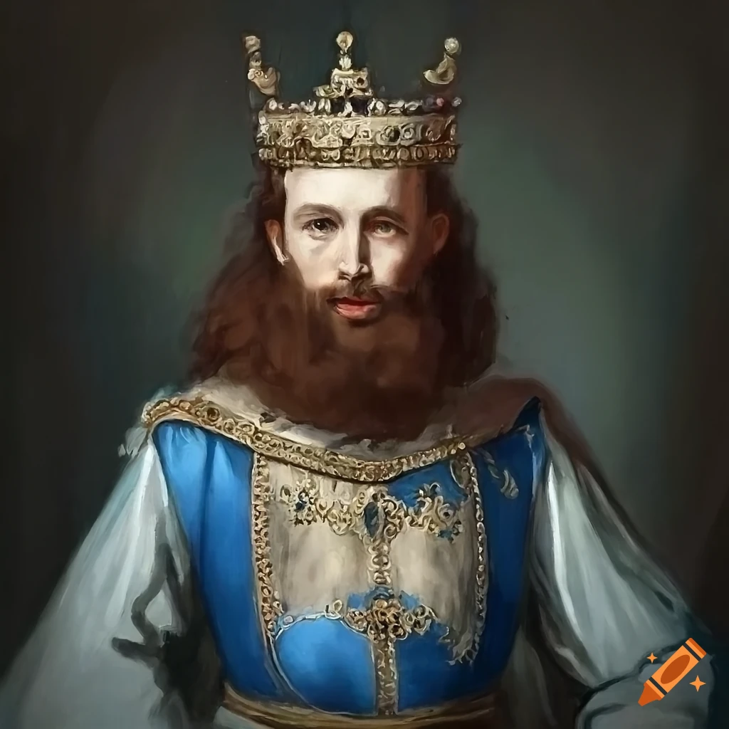 Oil painting portrait of a king in blue royal clothes