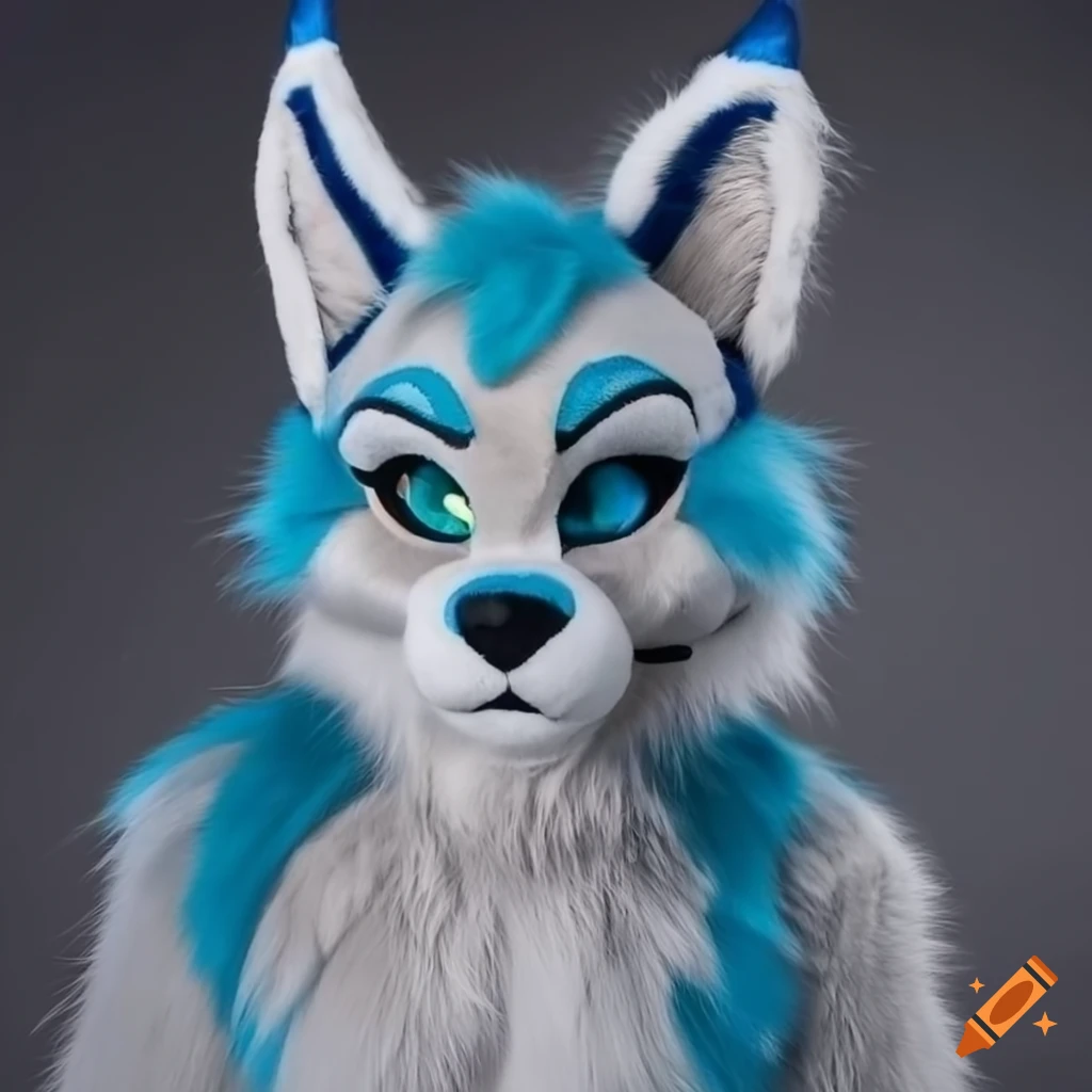 gray feline fursuit with blue accents