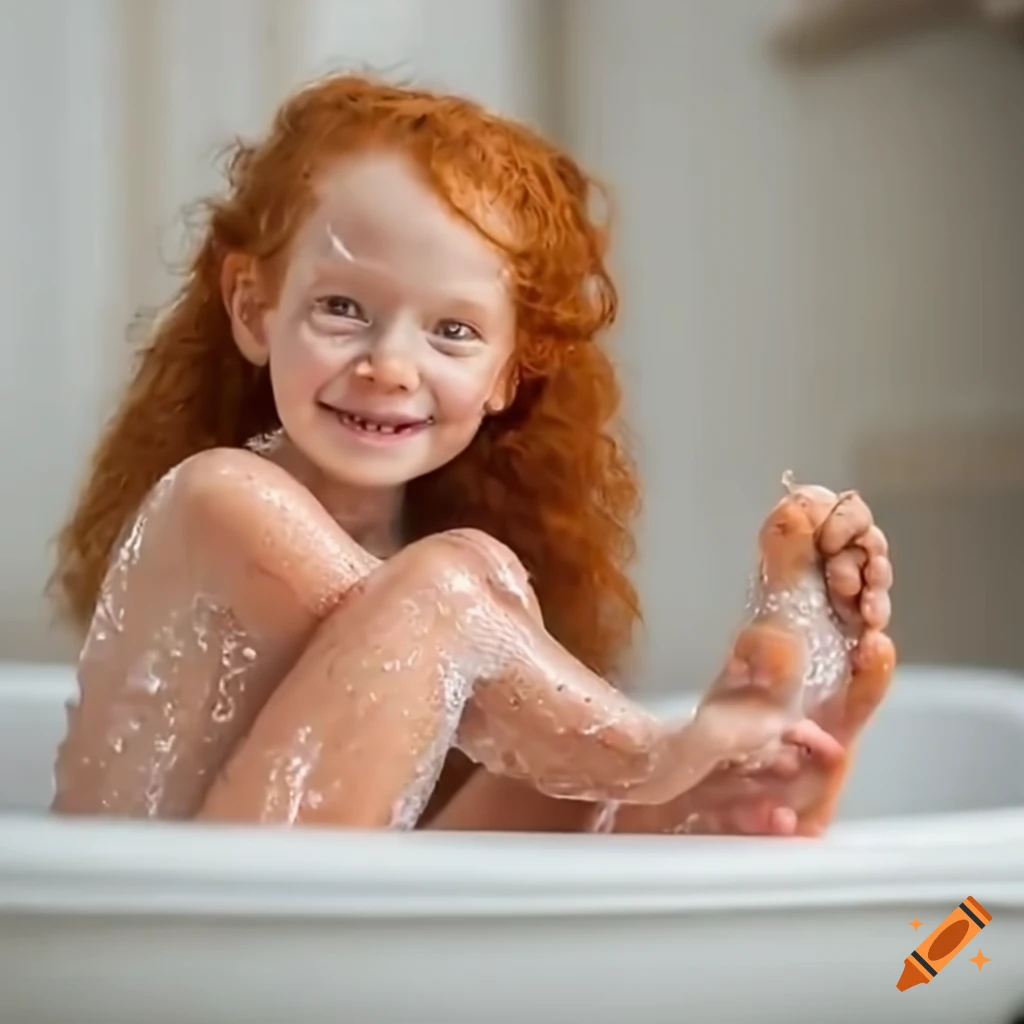 adorable ginger girl bathing and washing her feet