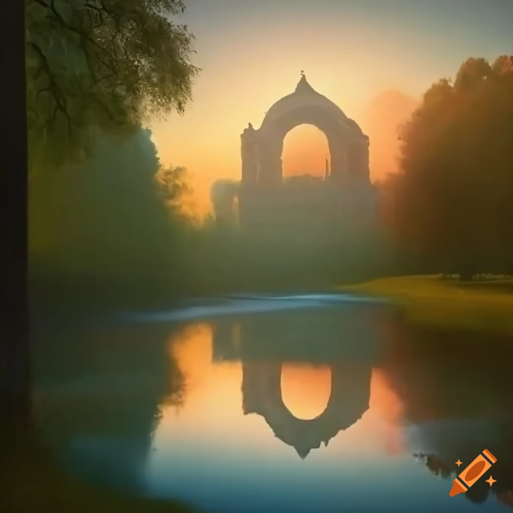 Monet-inspired landscape painting with a stone fountain and arches on ...