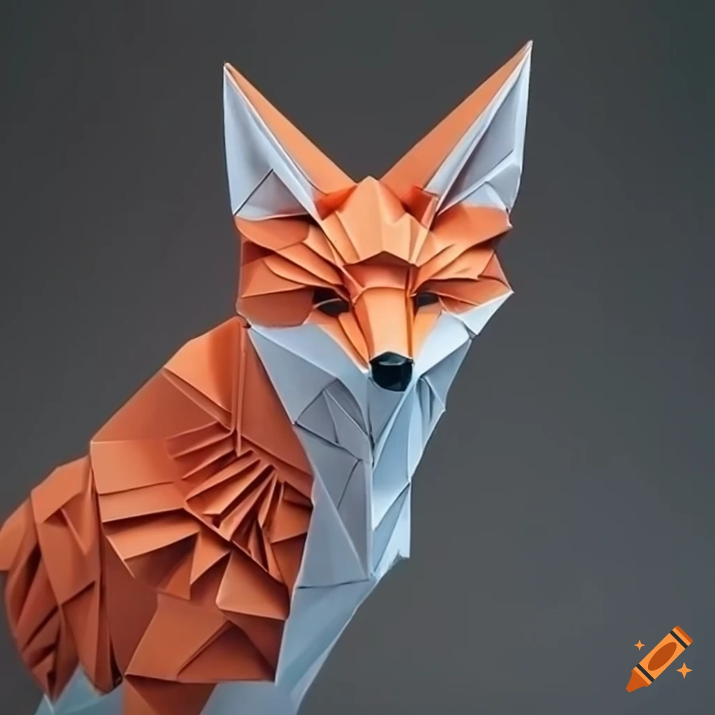 intricate origami sculpture of a fox