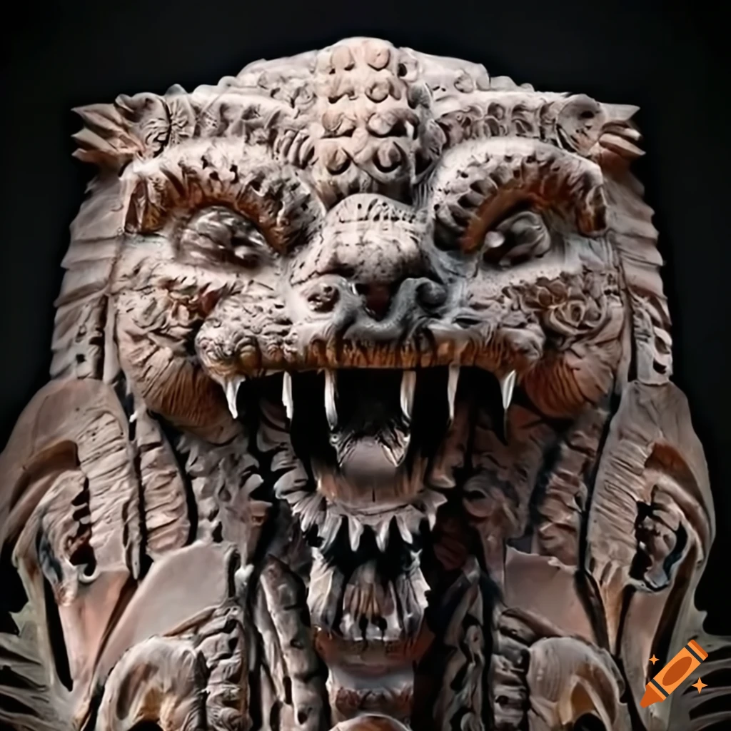 detailed moth werewolf carving in architectural style