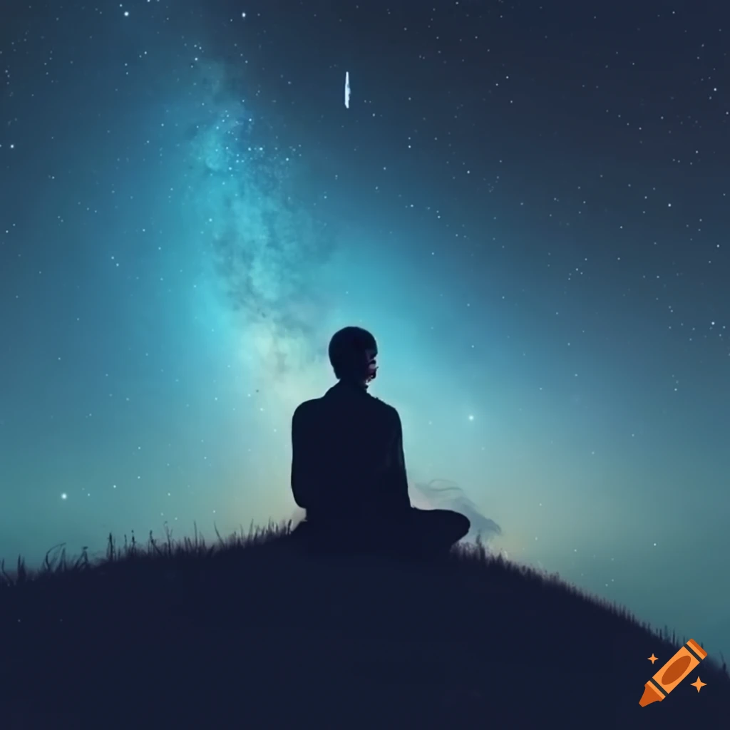 lights in the sky with a person sitting on a hill