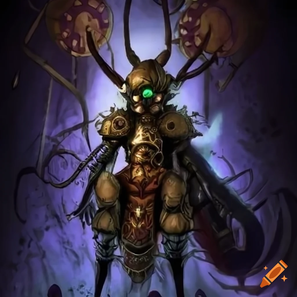 steampunk insect warrior mage in magical armor