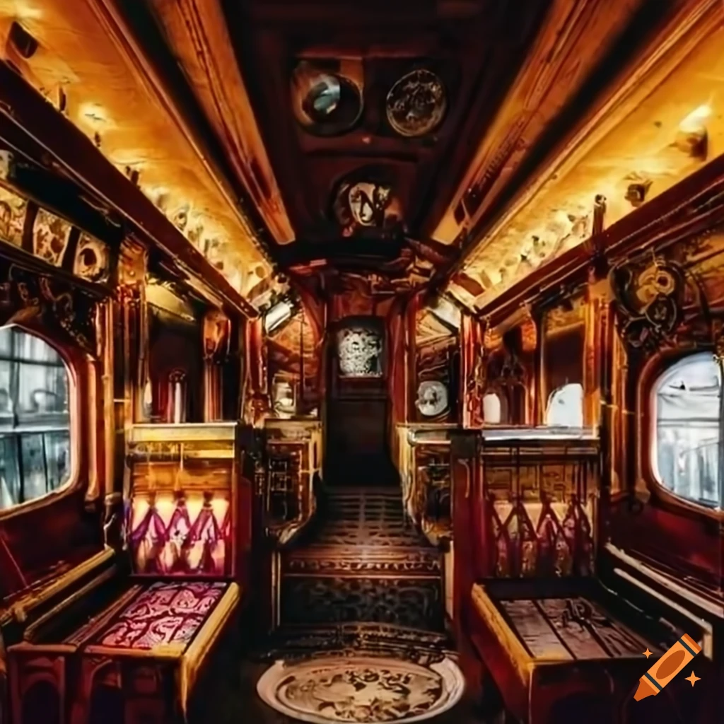 Interior of a steampunk train on Craiyon
