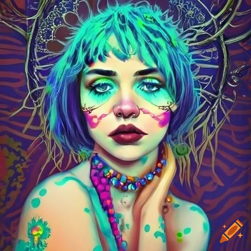 illustration of a cute hippie girl with blue hair