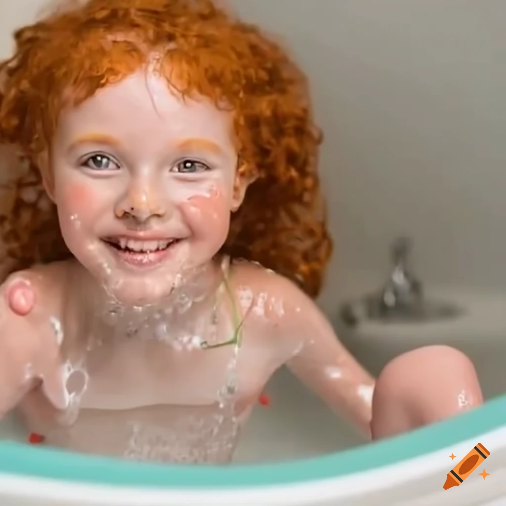 adorable ginger girl bathing and washing her feet