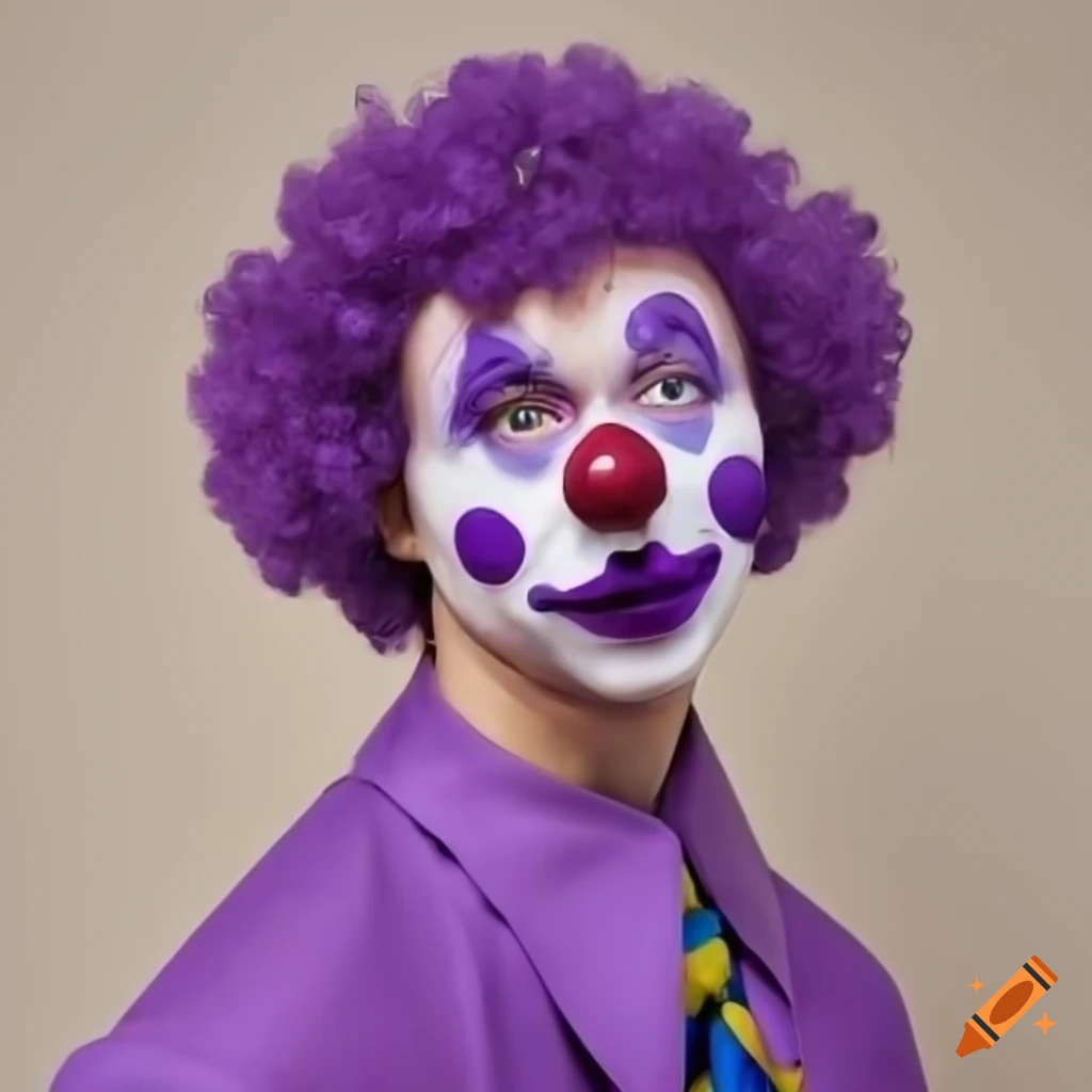 cartoon clown with purple afro and colorful attire