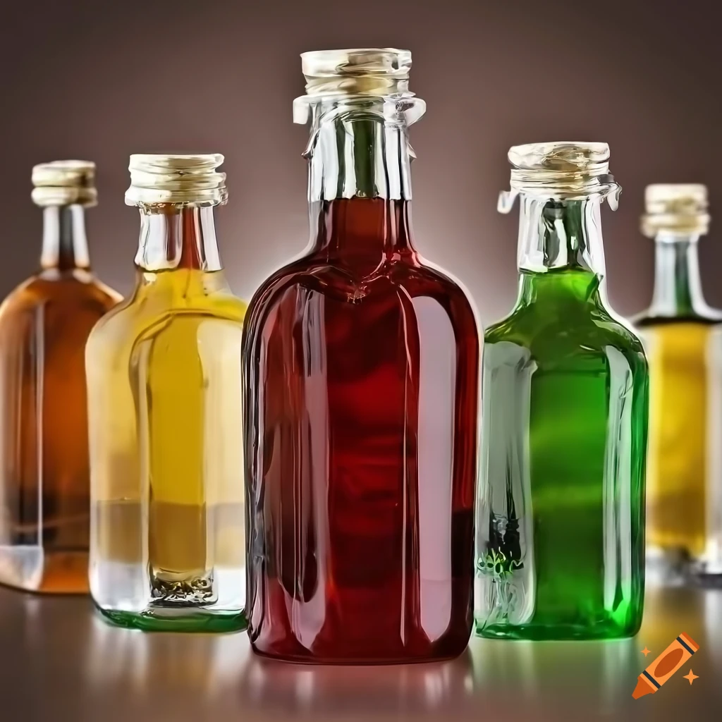 Closeup of six ornate syrup bottles on Craiyon