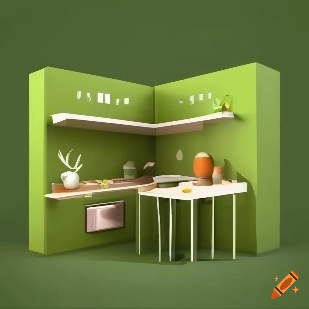 Isometric cozy cube room with a kitchen on Craiyon