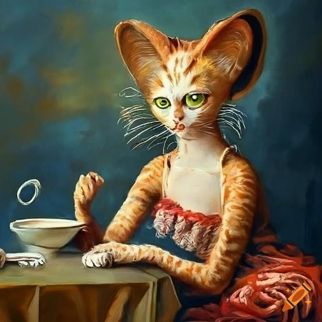 Painting of cats having evening tea