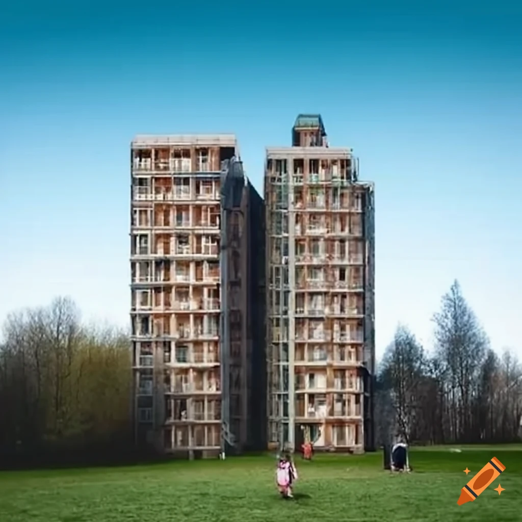 multilevel housing building with a park and children playing