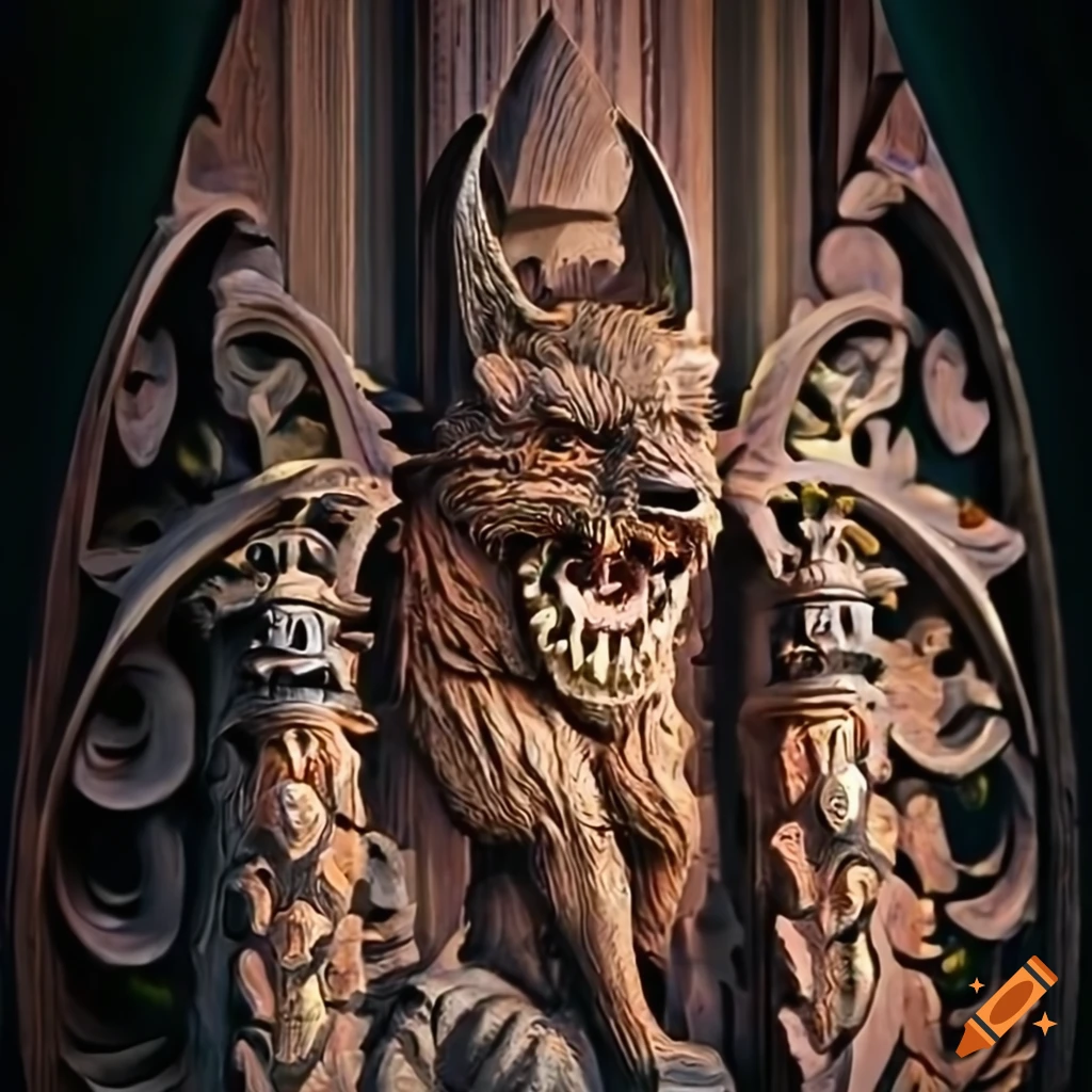 stunning prismatic architectural carving with moth werewolf motif