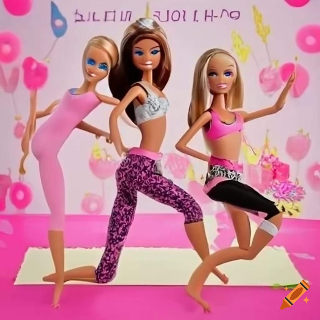 Barbie and friends doing yoga at a vibrant birthday party on Craiyon