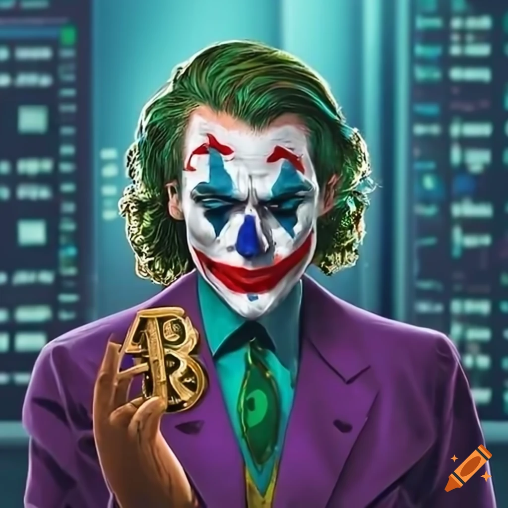 joker with a bitcoin and forex trading computer
