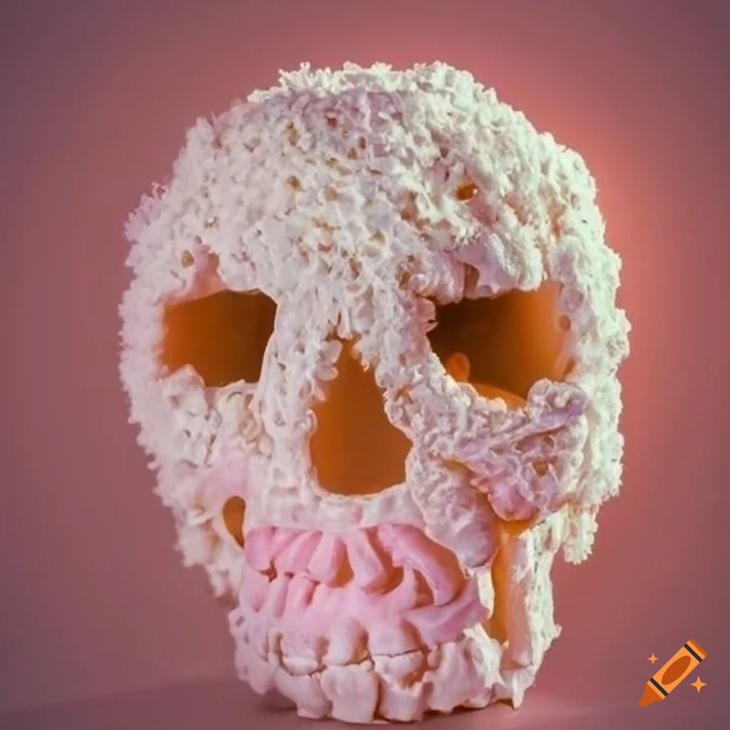 marshmallow skull with strawberry eyes and tropical plants