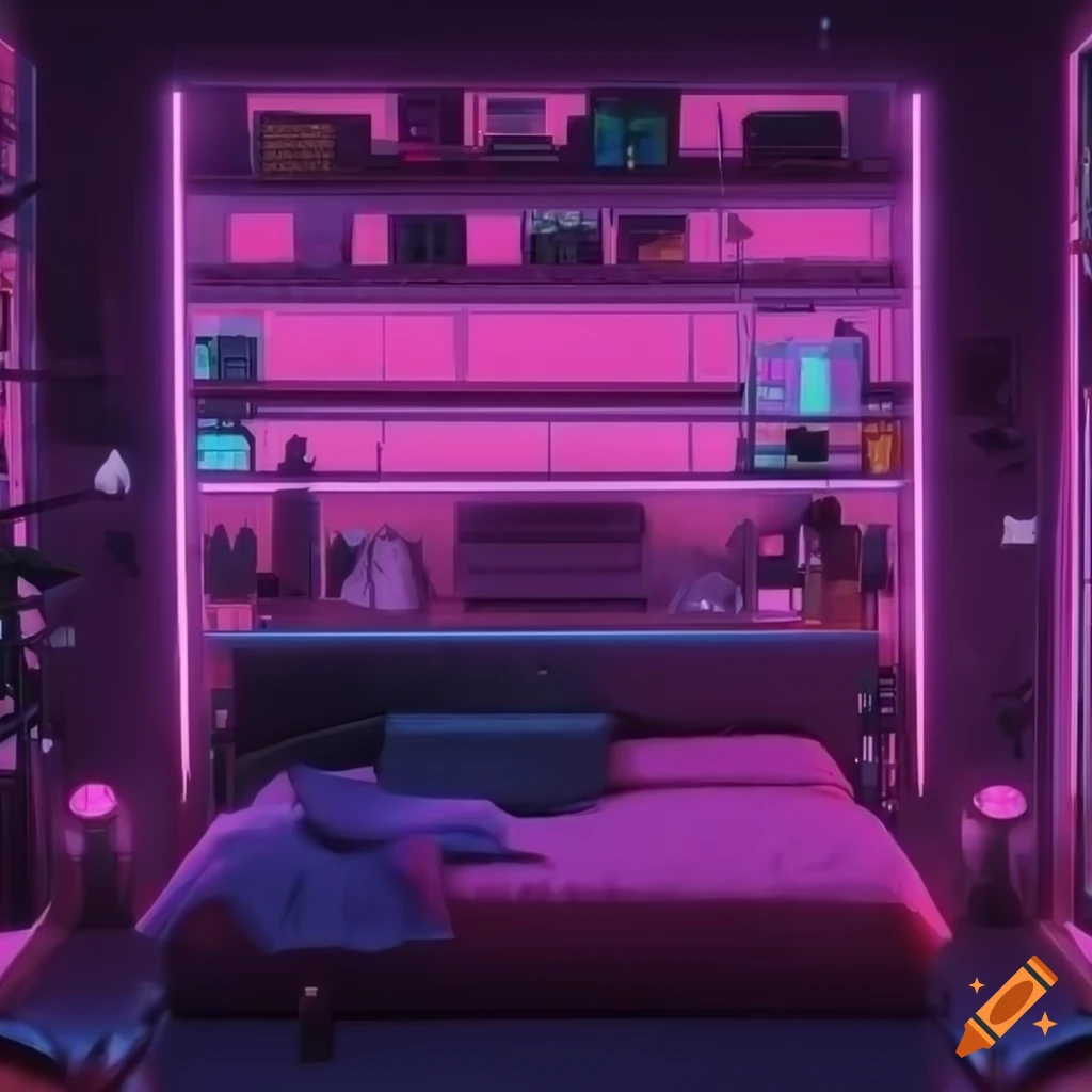 Retrowave-style 3d bedroom render on Craiyon