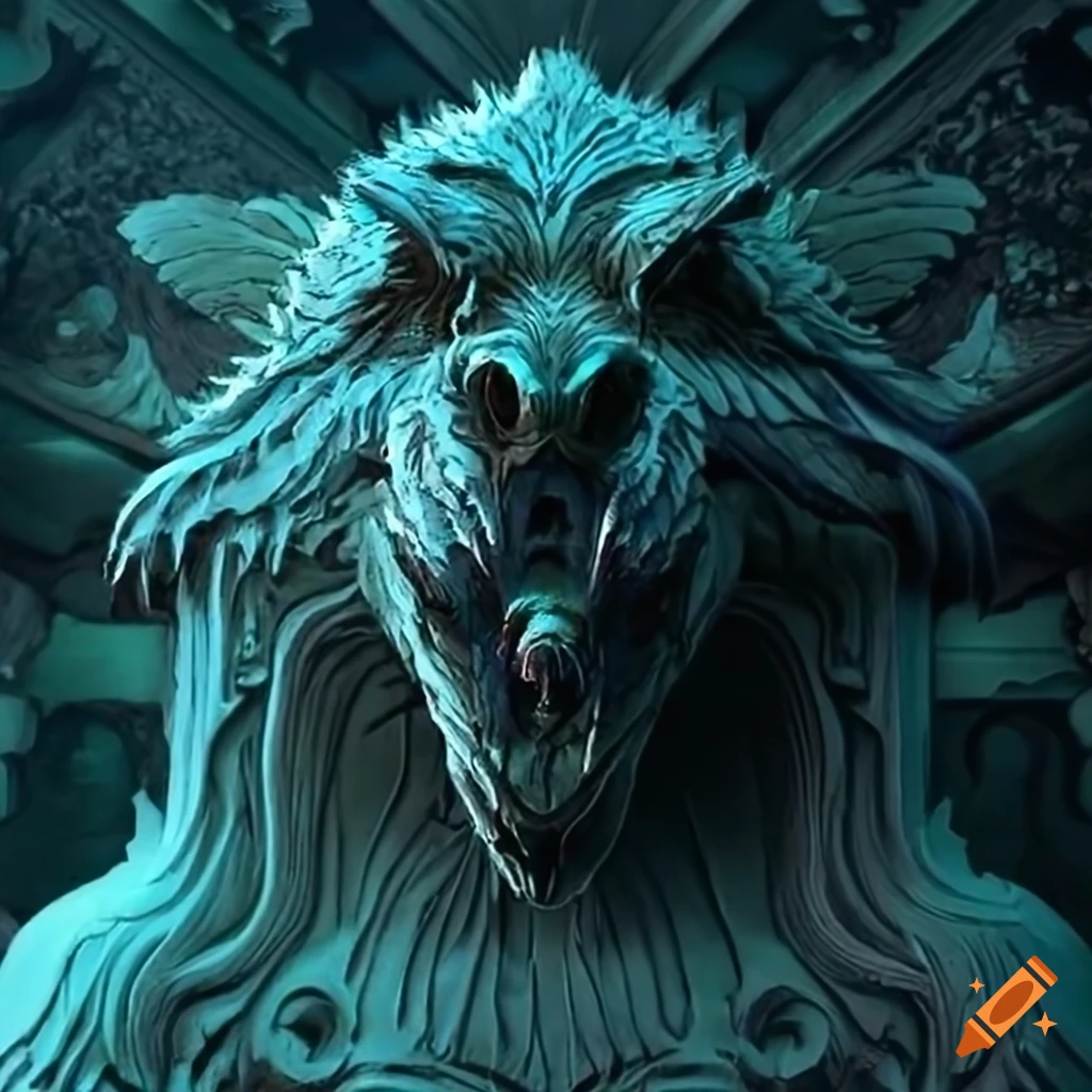 detailed carving of a moth werewolf motif