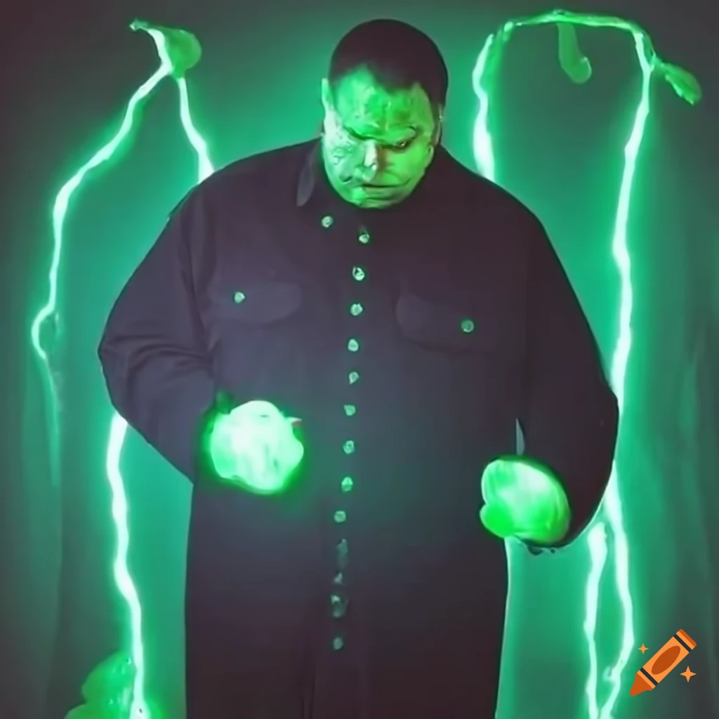 man surrounded by green slime in misty backyard