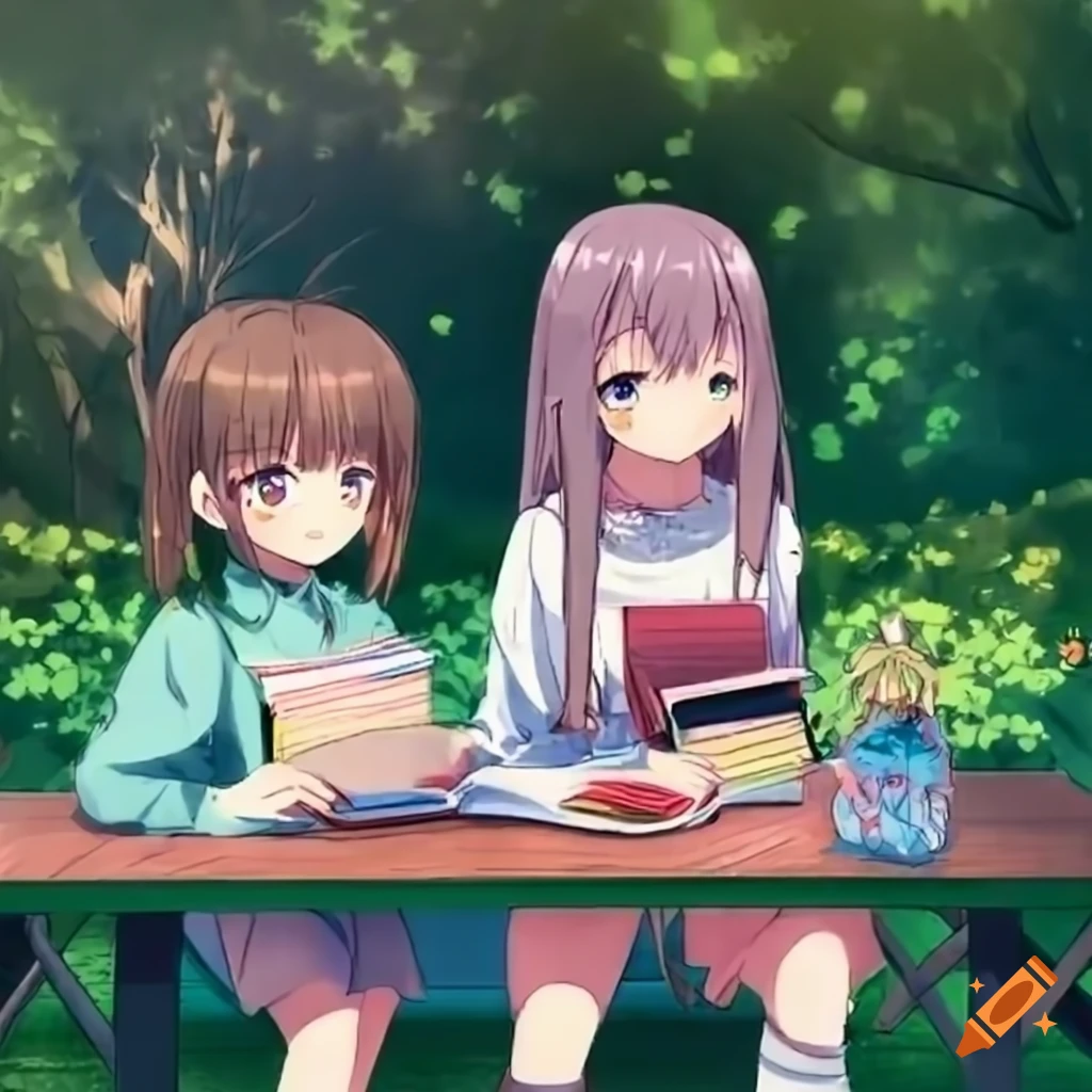 Anime girls studying at a garden table