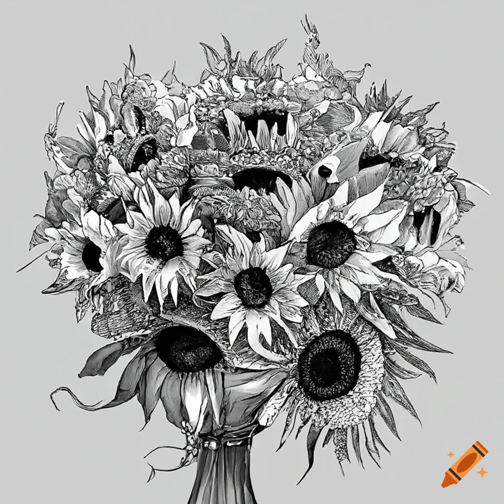 Black and white sunflower bouquet on Craiyon