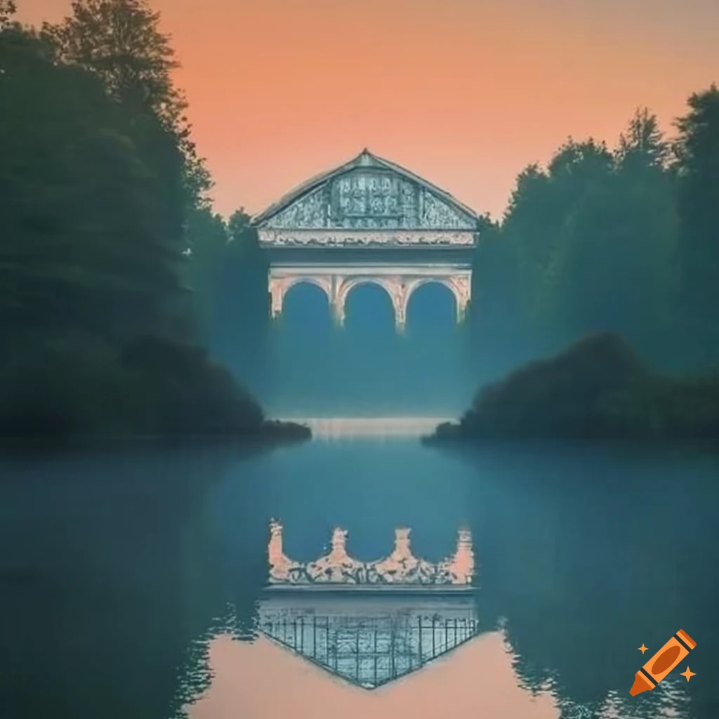 Beautiful landscape with a lake, island, and baroque architecture on ...