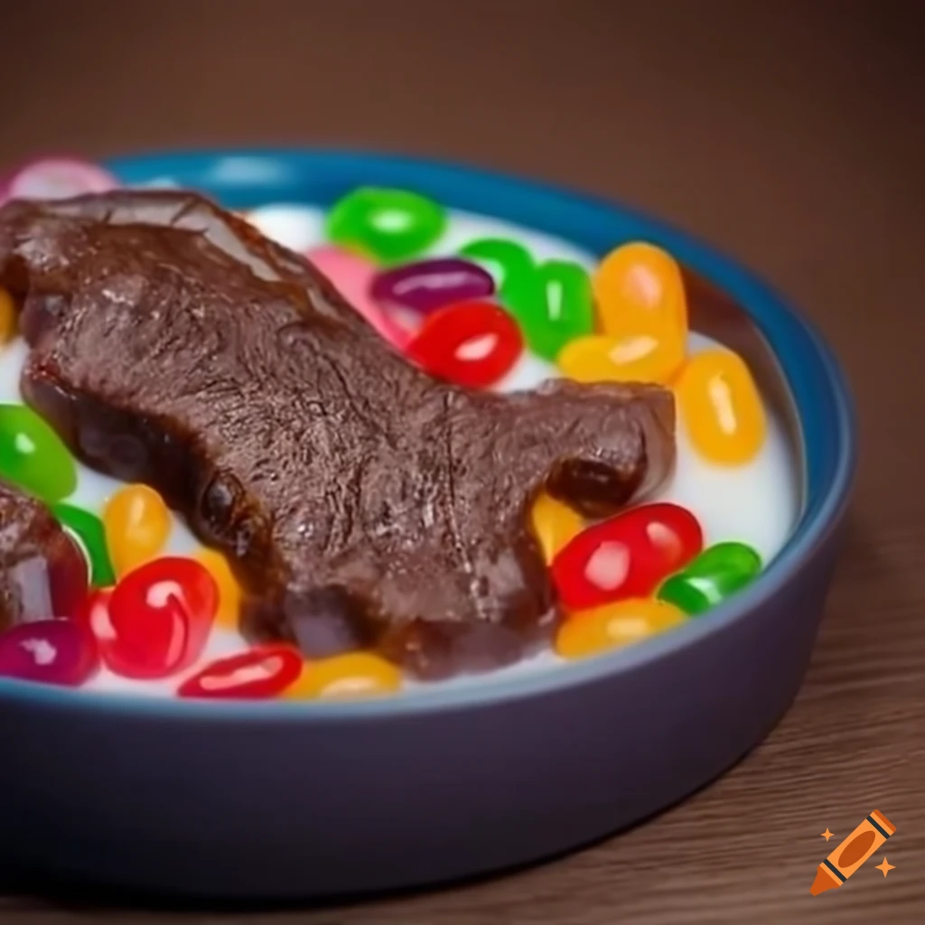Creative dish steak with milk and jelly beans
