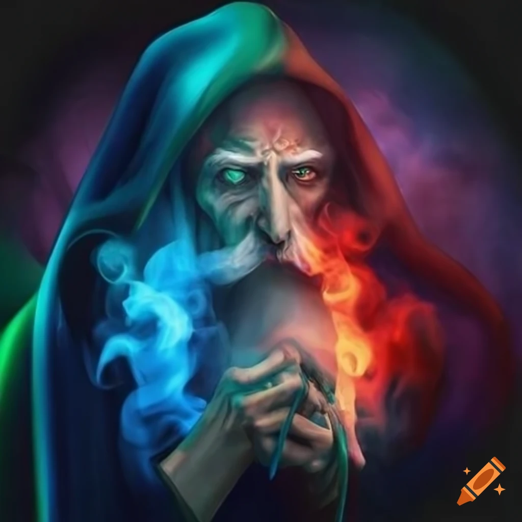 fantasy art of a wizard casting a colorful spell with smoke