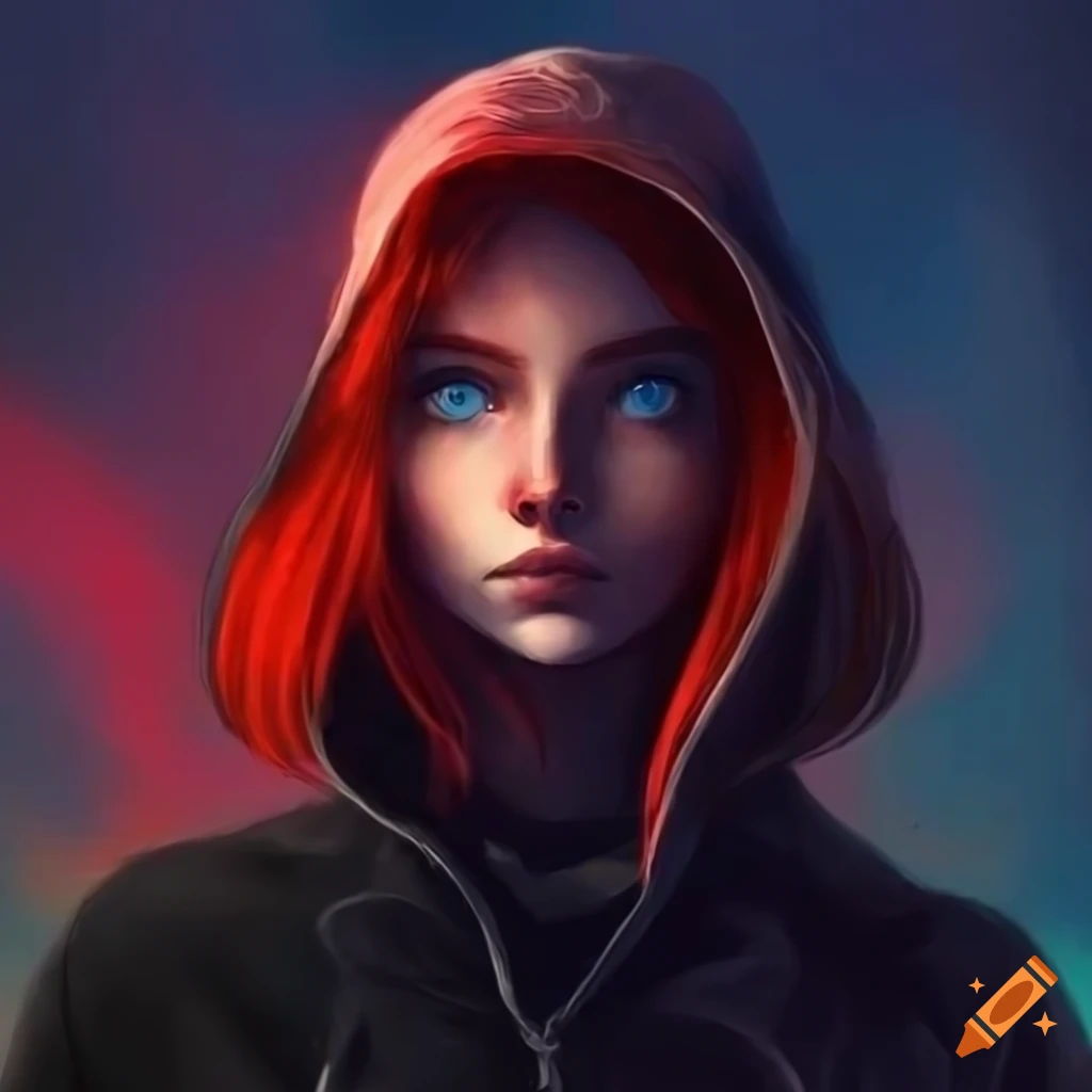 Girl in black hoodie with red raven on Craiyon