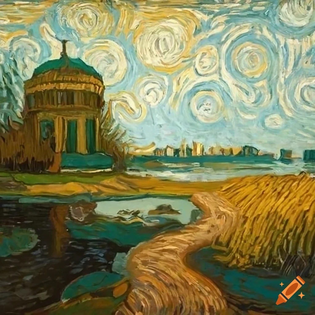 Painting of a park with a pond and a round temple on Craiyon