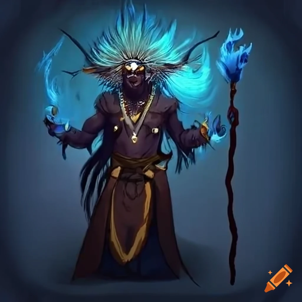illustration of a shaman with blue lines and white feather hat