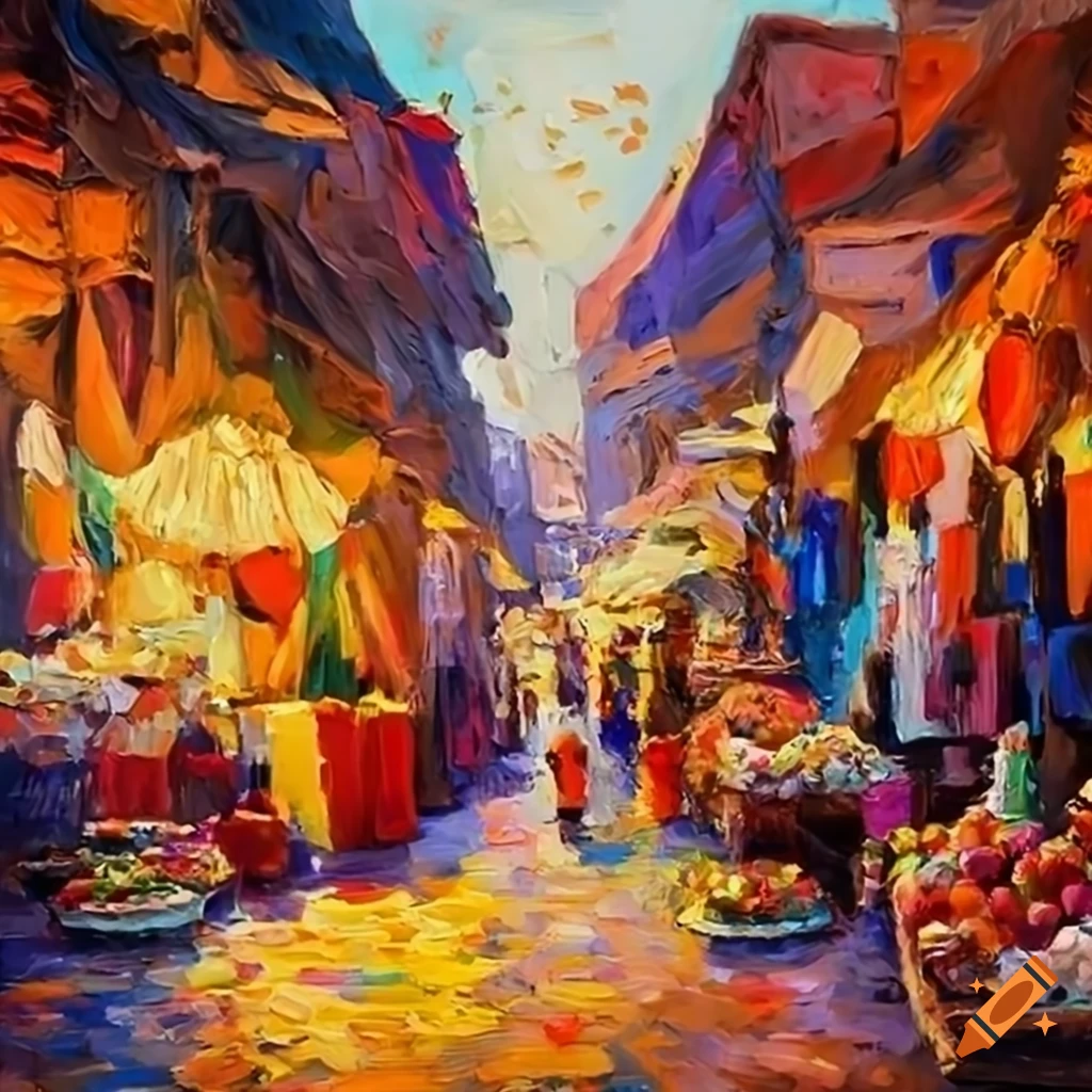 impressionist painting of a vibrant Moroccan market