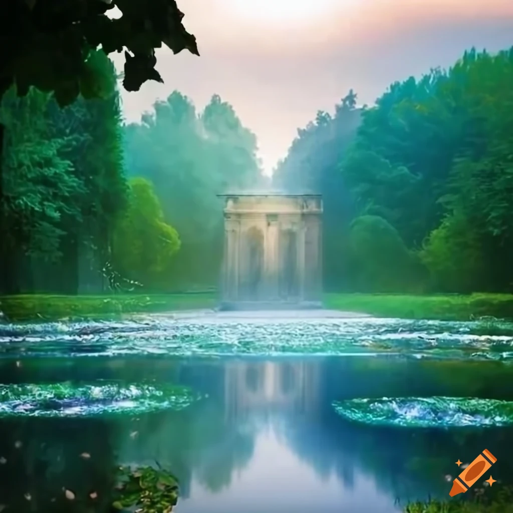 Artistic depiction of a stone fountain in a landscape on Craiyon