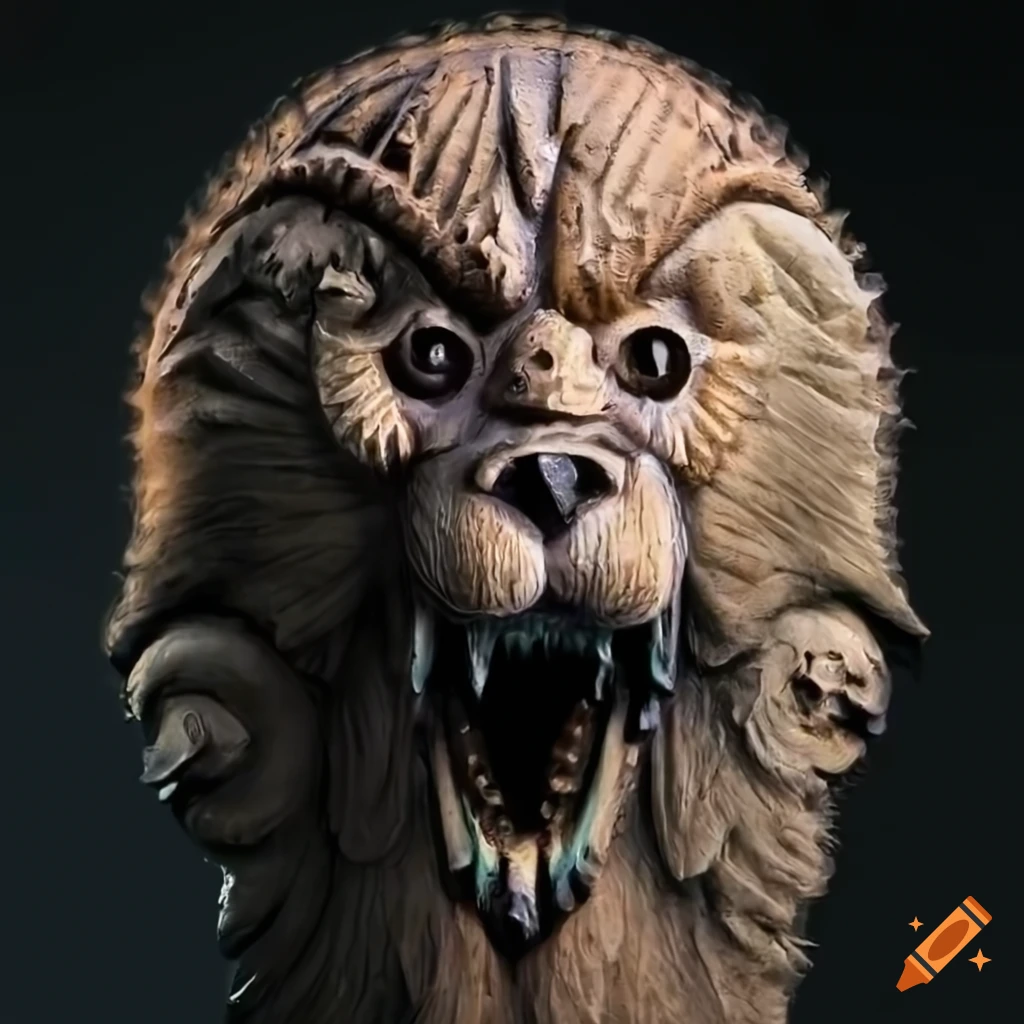 detailed carving of a moth werewolf motif