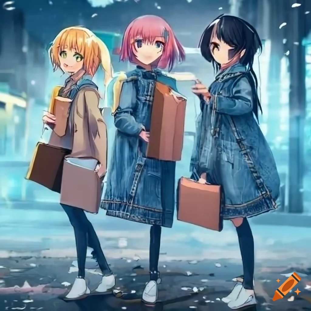 anime girls studying in denim attire in the rain