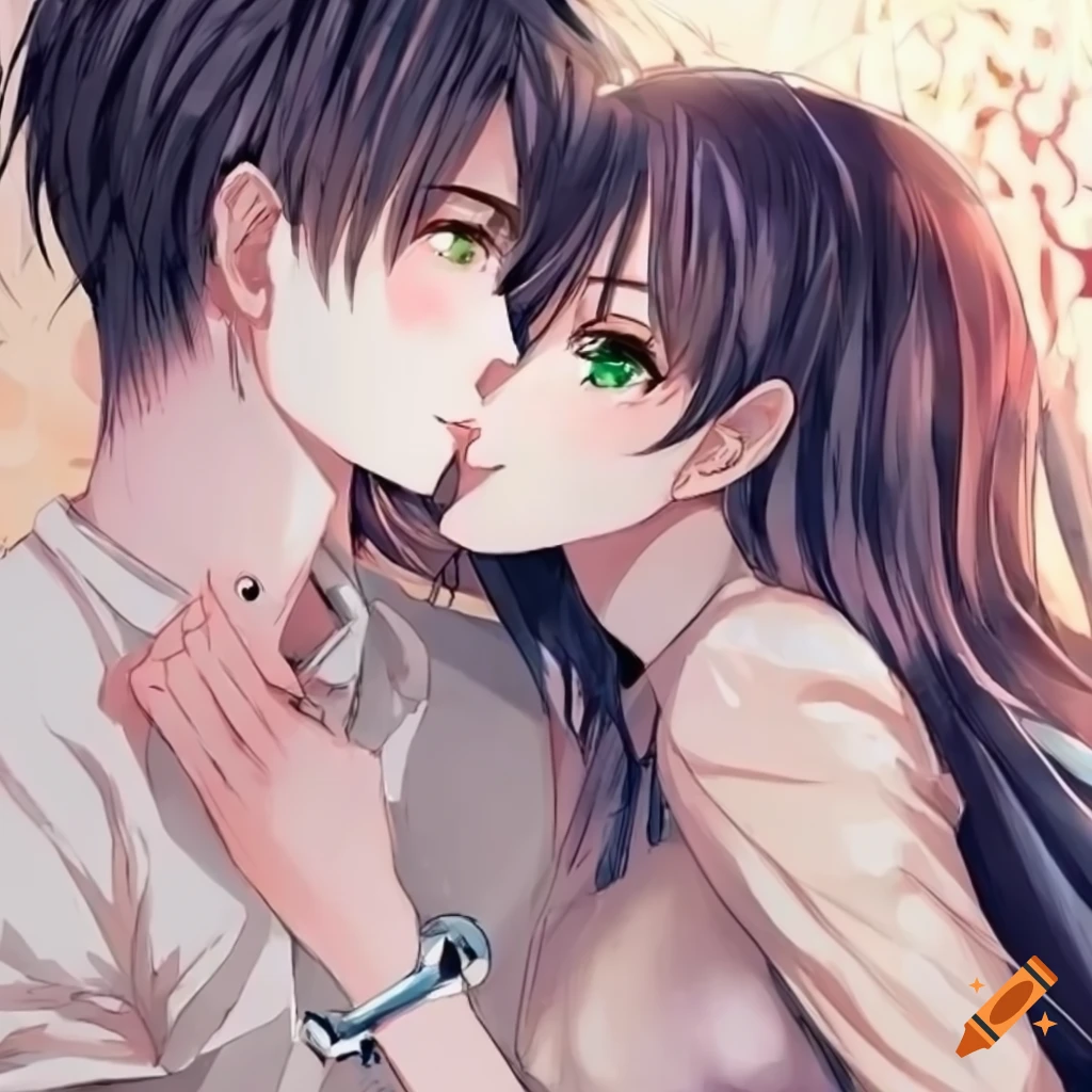 Cute couple together anime brown hair brown eyes kissing love on Craiyon